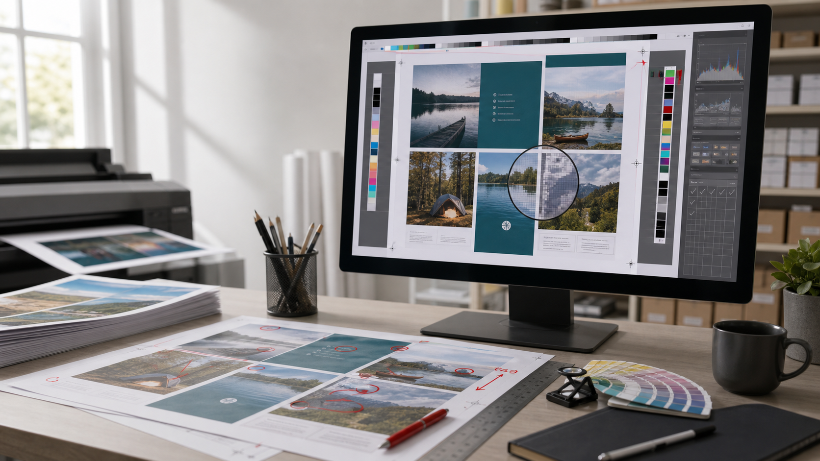 Prepress report workspace with printed samples and file checks